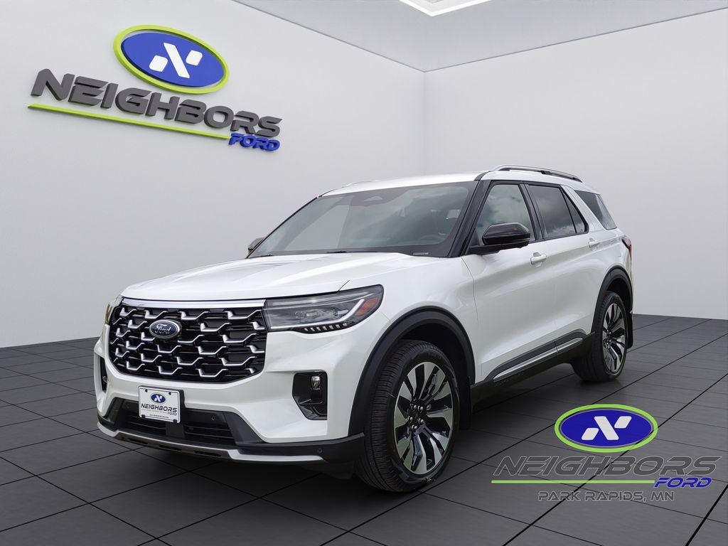 2026 Ford Explorer Platinum in Star White Metallic Tri-Coat — front three-quarter view