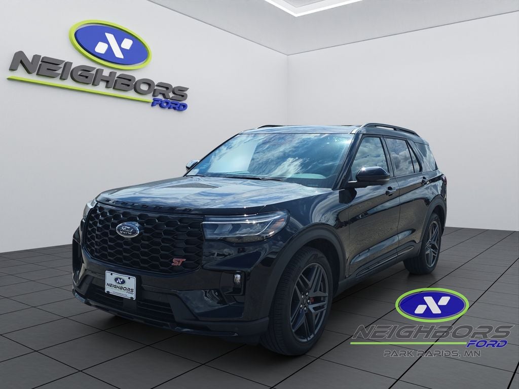 2025 Ford Explorer ST in Agate Black Metallic — front three-quarter view